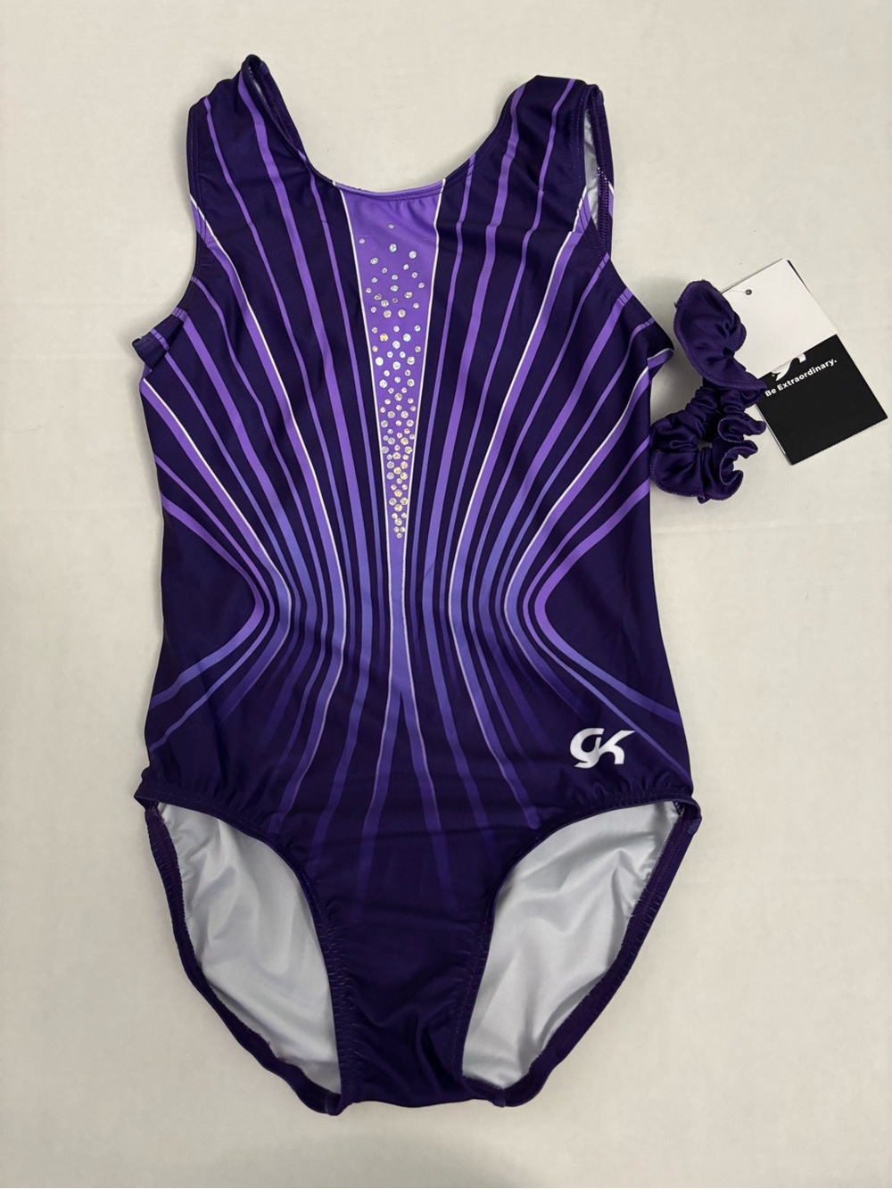 New! GK Gymnastics Leotard + Scrunchie Elite Sportswear Purple Size CL